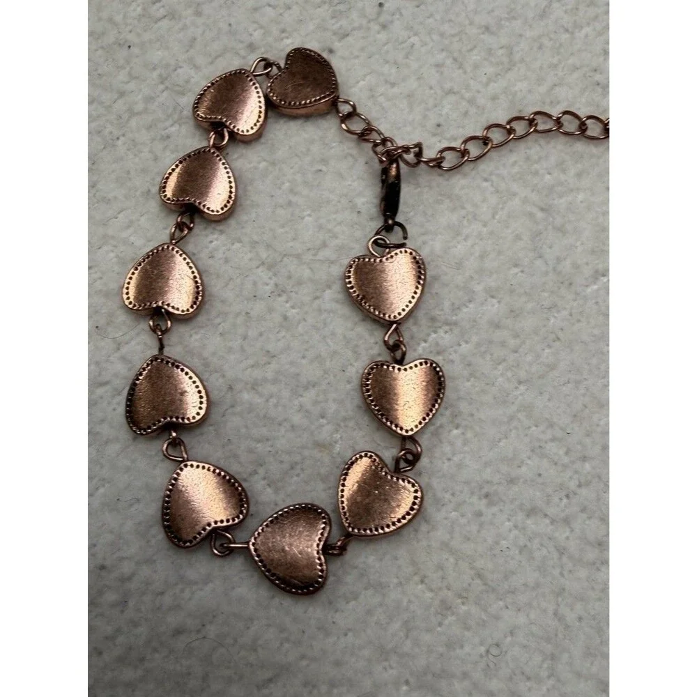 Vintage Rose Gold Copper Heart Link Bracelet Dainty Coquette Adjust Chain Gift